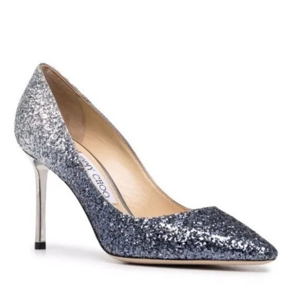 Jimmy Choo Romy 85 Navy/Silver Ombré Glitter Pump